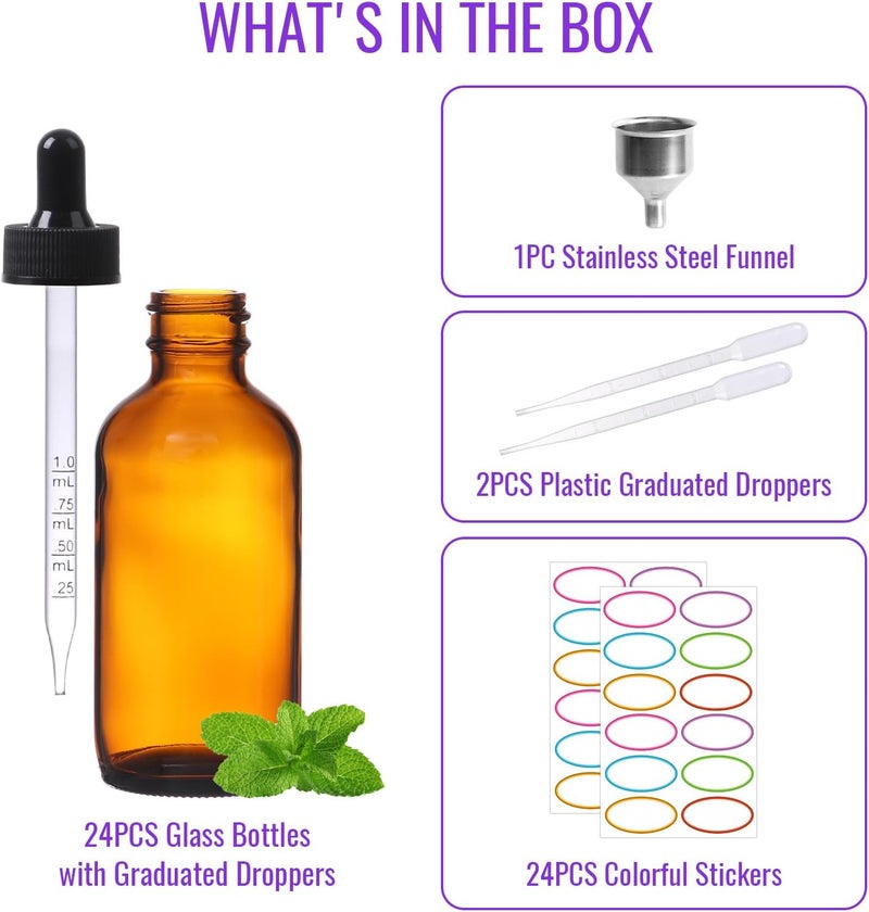 AuroTrends Amber Dropper Bottle 2 oz 24Pack, Glass Tincture Bottles with Dropper - Amber Glass Dropper Bottle 2 oz with Funnel/Stickers/Plastic Graduated Pipette (2fl.oz, Set of 24) - Image 5